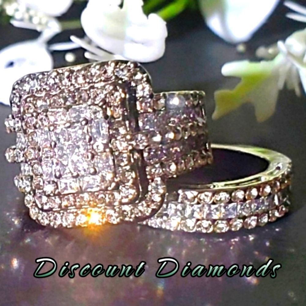 2 Ring Set -  Clear White Diamond Rings 14K White Gold over 925 Stainless Steel